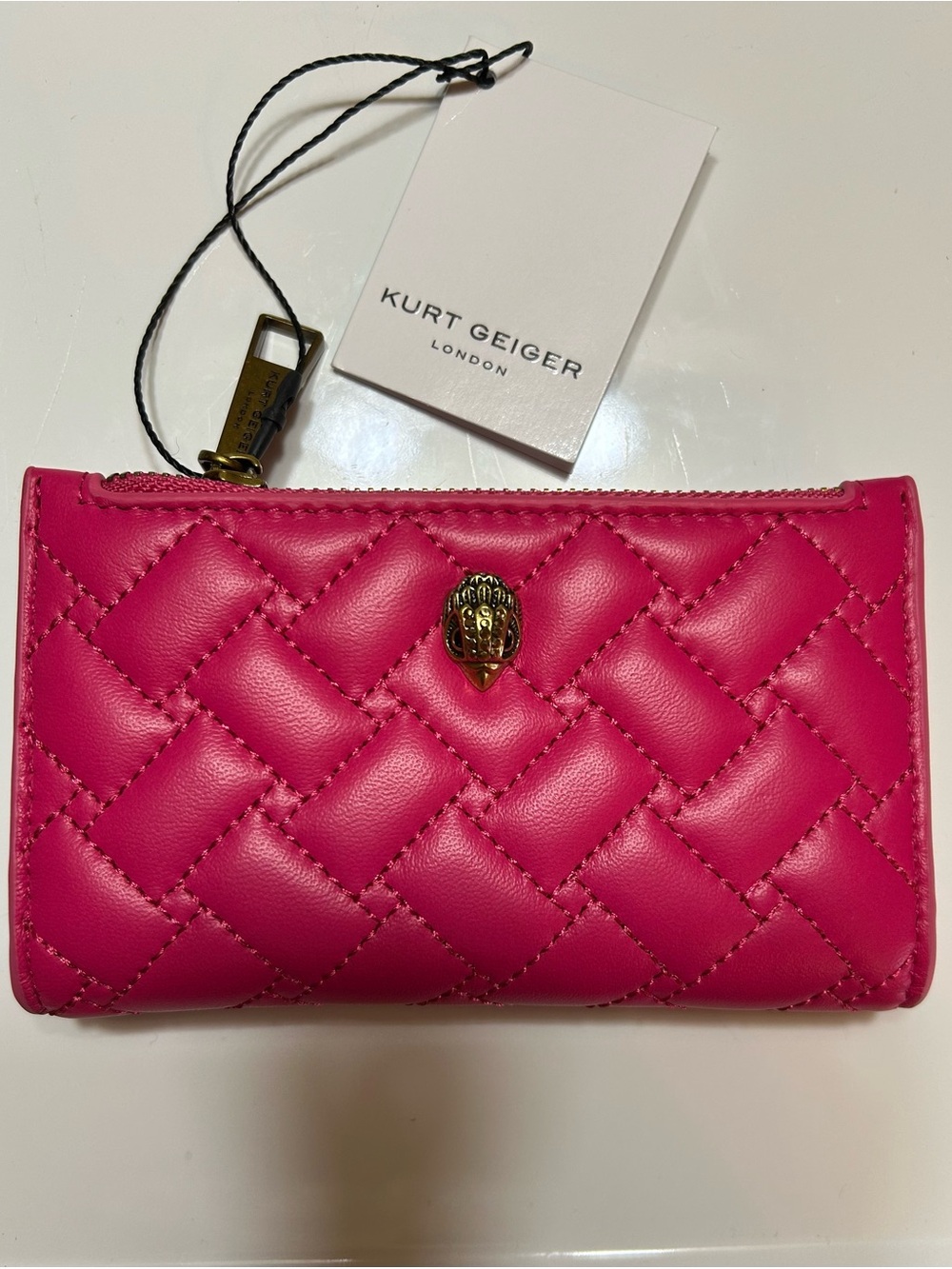Kurt Geiger Hot Pink Quilted Leather Zip Wallet with Gold Tone Eagle Head